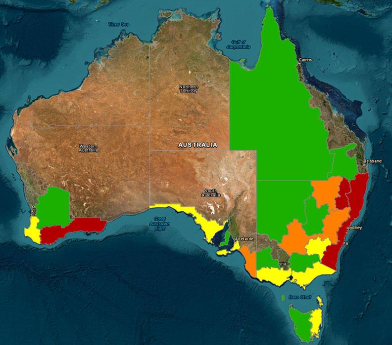 Heat map of Australia showing sheep worm intensity for February. Regions are color-coded from green (low risk) to dark red (high risk), with significant activity shown in Northern NSW and Southern WA.