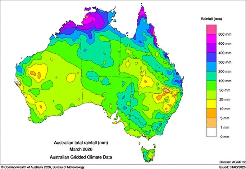 A rainfall map of Australia for March 2026