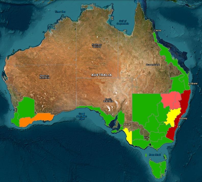 Heat map of Australia showing sheep worm intensity for March. Regions are color-coded from green (low risk) to dark red (high risk).