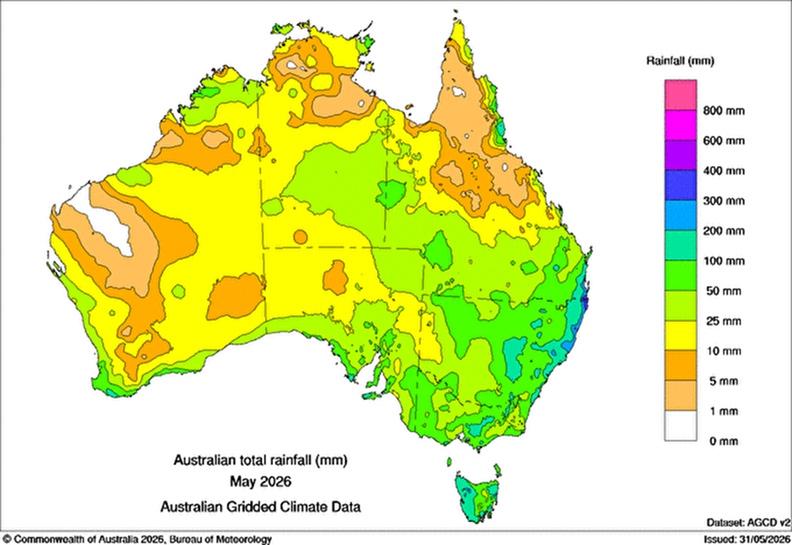 A rainfall map of Australia for May 2026