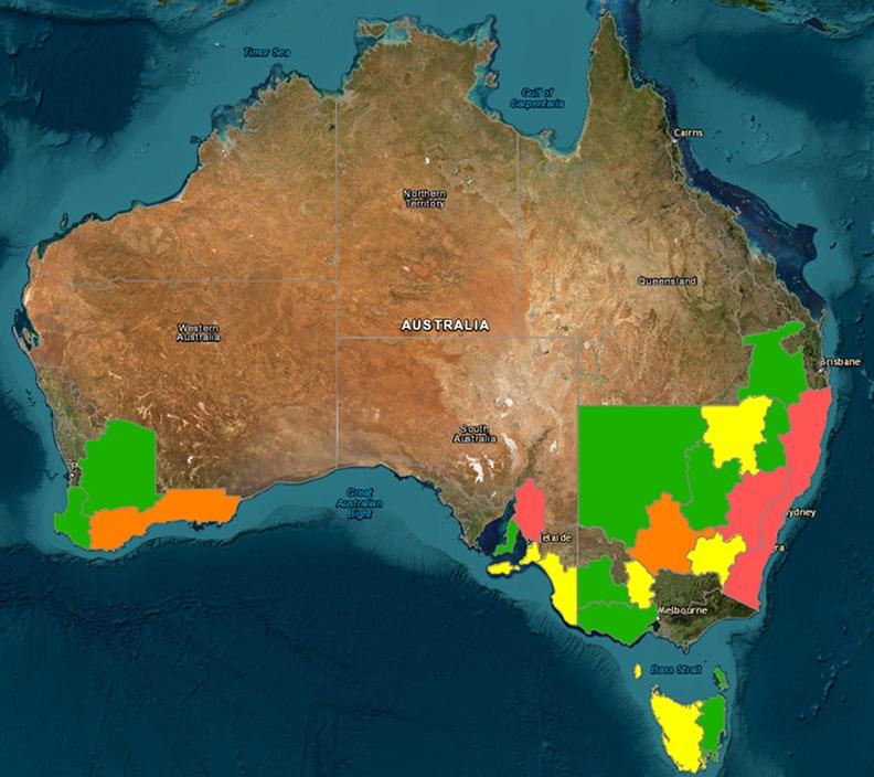 Heat map of Australia showing sheep worm intensity for May. Regions are color-coded from green (low risk) to dark red (high risk).