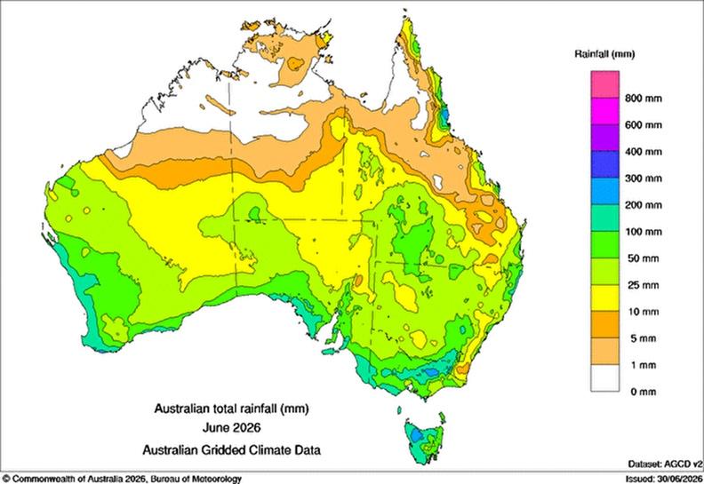 A rainfall map of Australia for June 2026