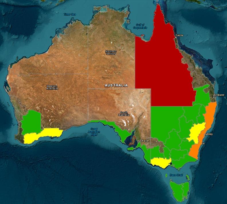 Heat map of Australia showing sheep worm intensity for June. Regions are color-coded from green (low risk) to dark red (high risk).
