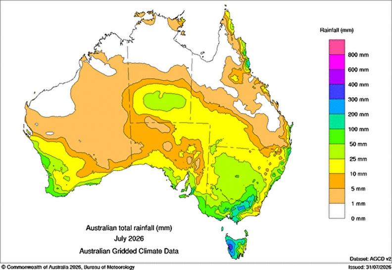 A rainfall map of Australia for July 2026