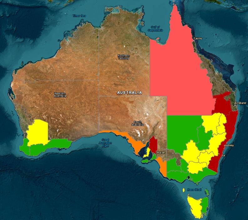 Heat map of Australia showing sheep worm intensity for July. Regions are color-coded from green (low risk) to dark red (high risk).