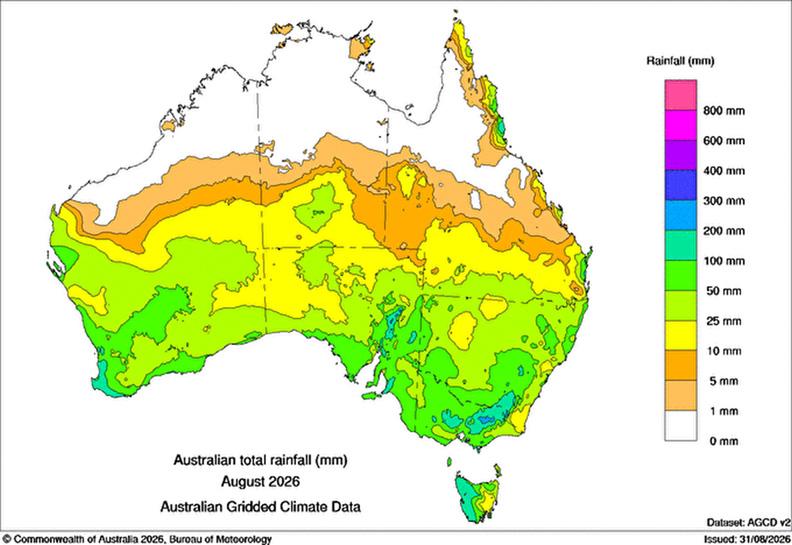A rainfall map of Australia for August 2026