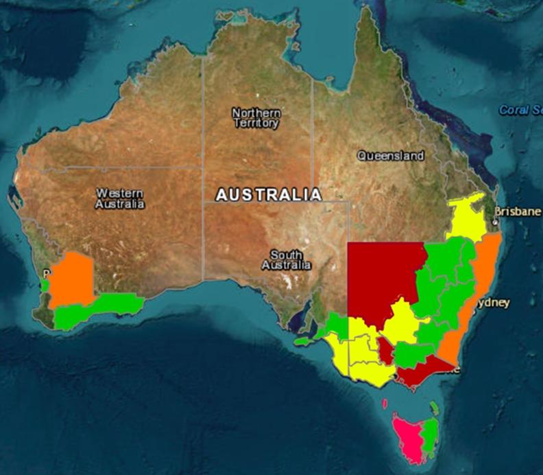 Heat map of Australia showing sheep worm intensity for July. Regions are color-coded from green (low risk) to dark red (high risk)